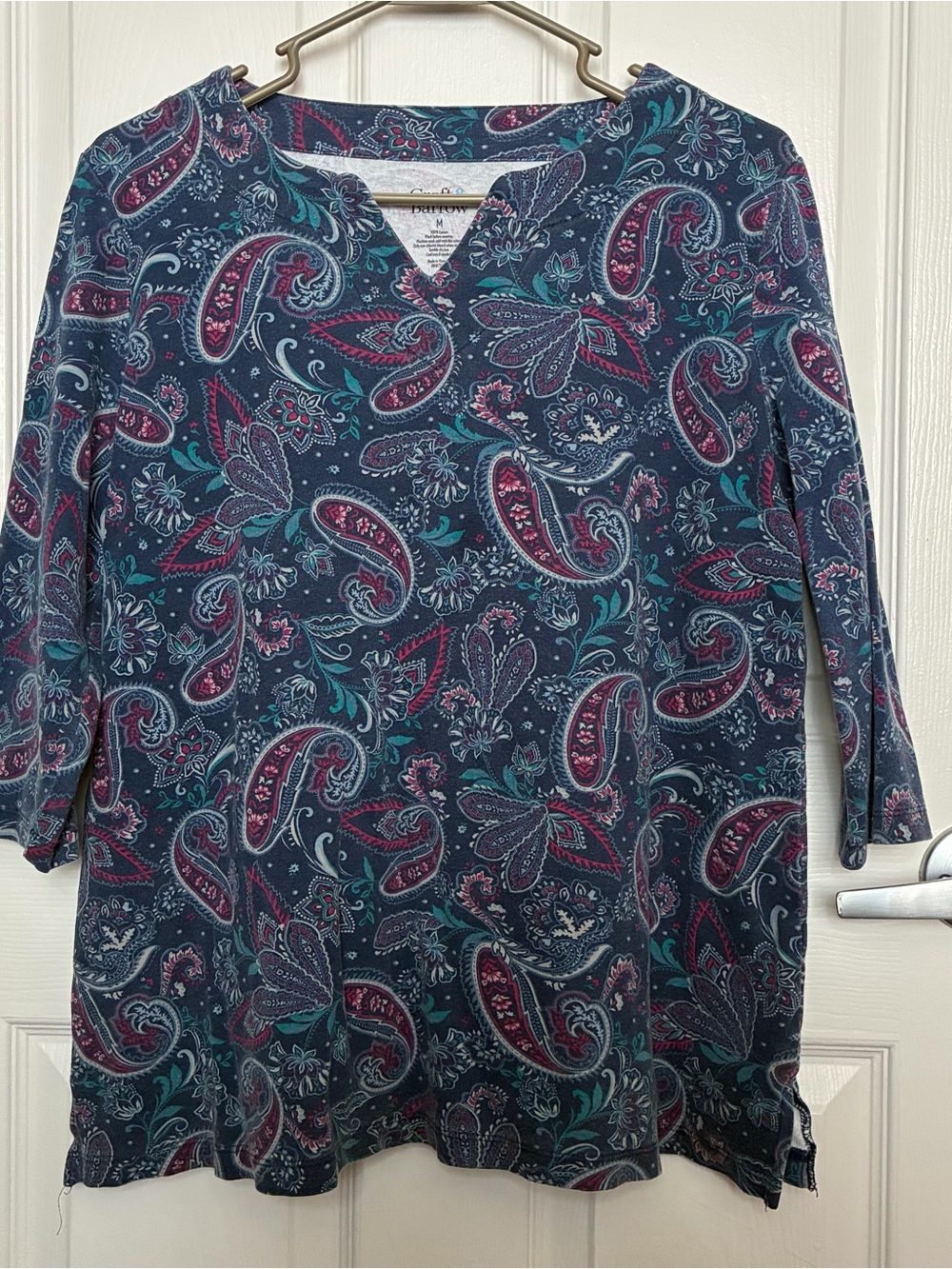 croft & barrow Navy Paisley V-Neck Top with Pink & Teal Accents